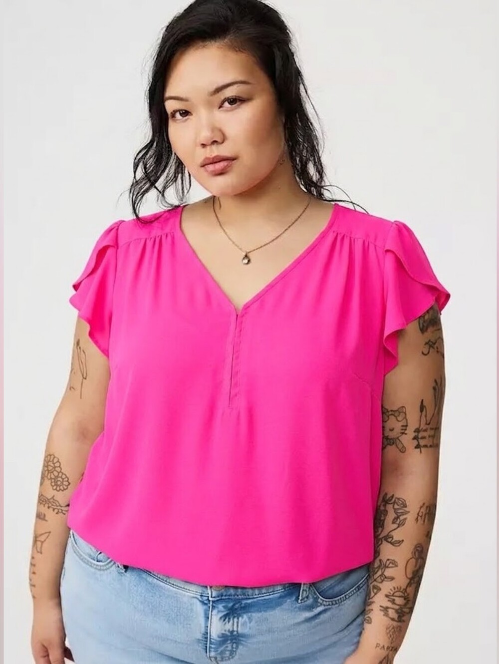 Torrid Neon Pink Harper Georgette Hook & Eye Tulip Sleeve Blouse Plus Size 1x 1